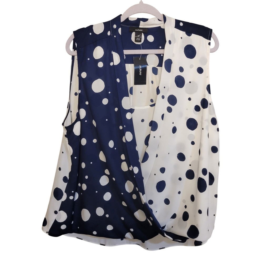 Alfani XL Navy White Polka Dot Surplice Wrap Sleeveless Blouse with Camisole NWT
